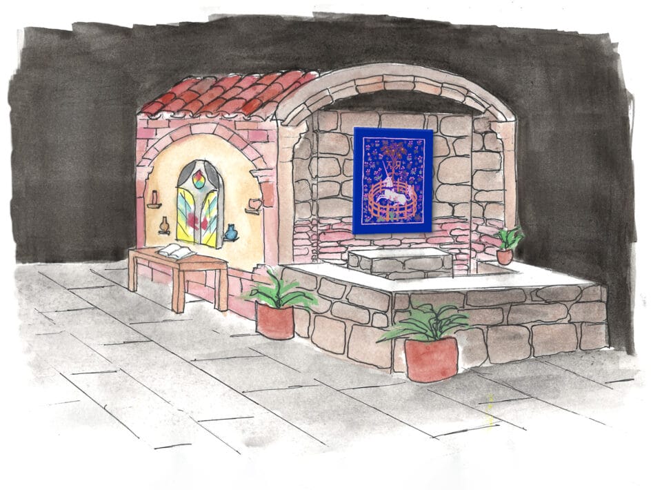 A drawing of a brick structure with artworks installed on its walls.
