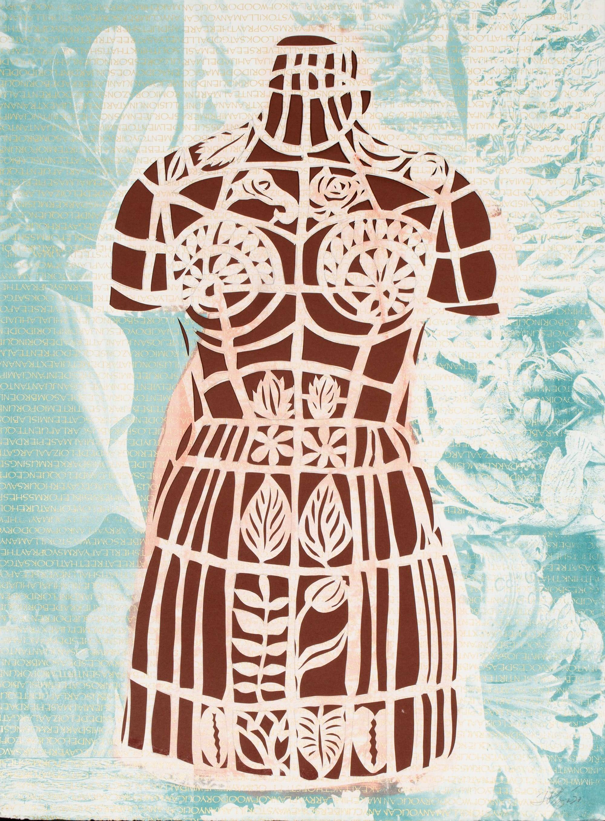 a silkscreen print by Felix Plaza of a mannequin form with patterns on the bodice