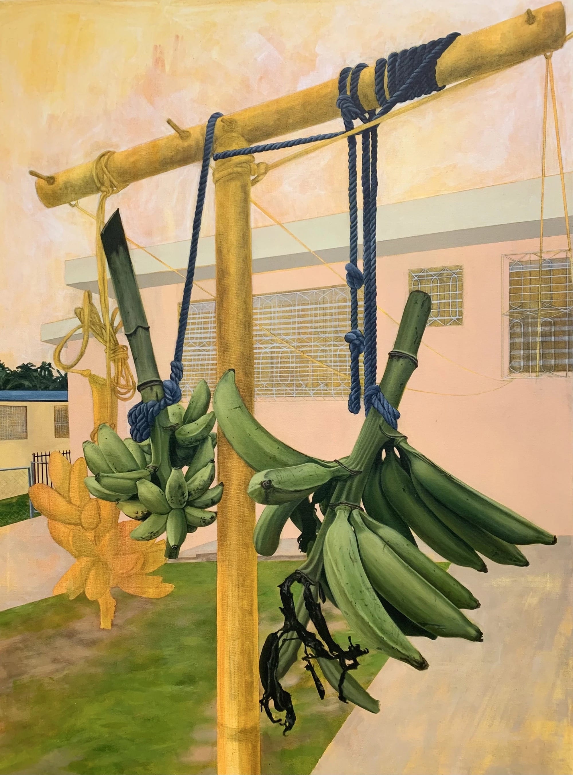 an acrylic painting by Beatriz Williams of bananas hanging from a post