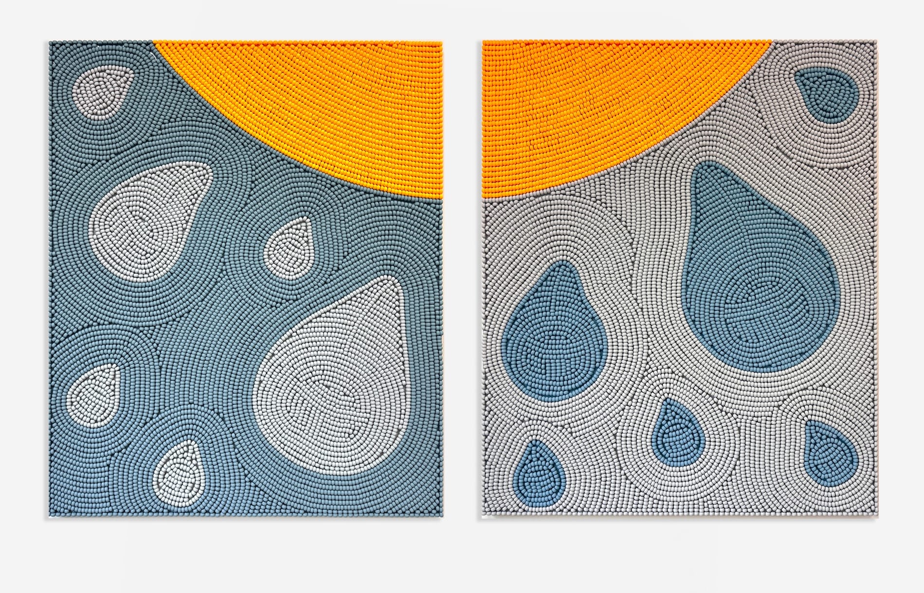 a diptych by Renee Condo of water droplets and a rounded yellow sphere near the top