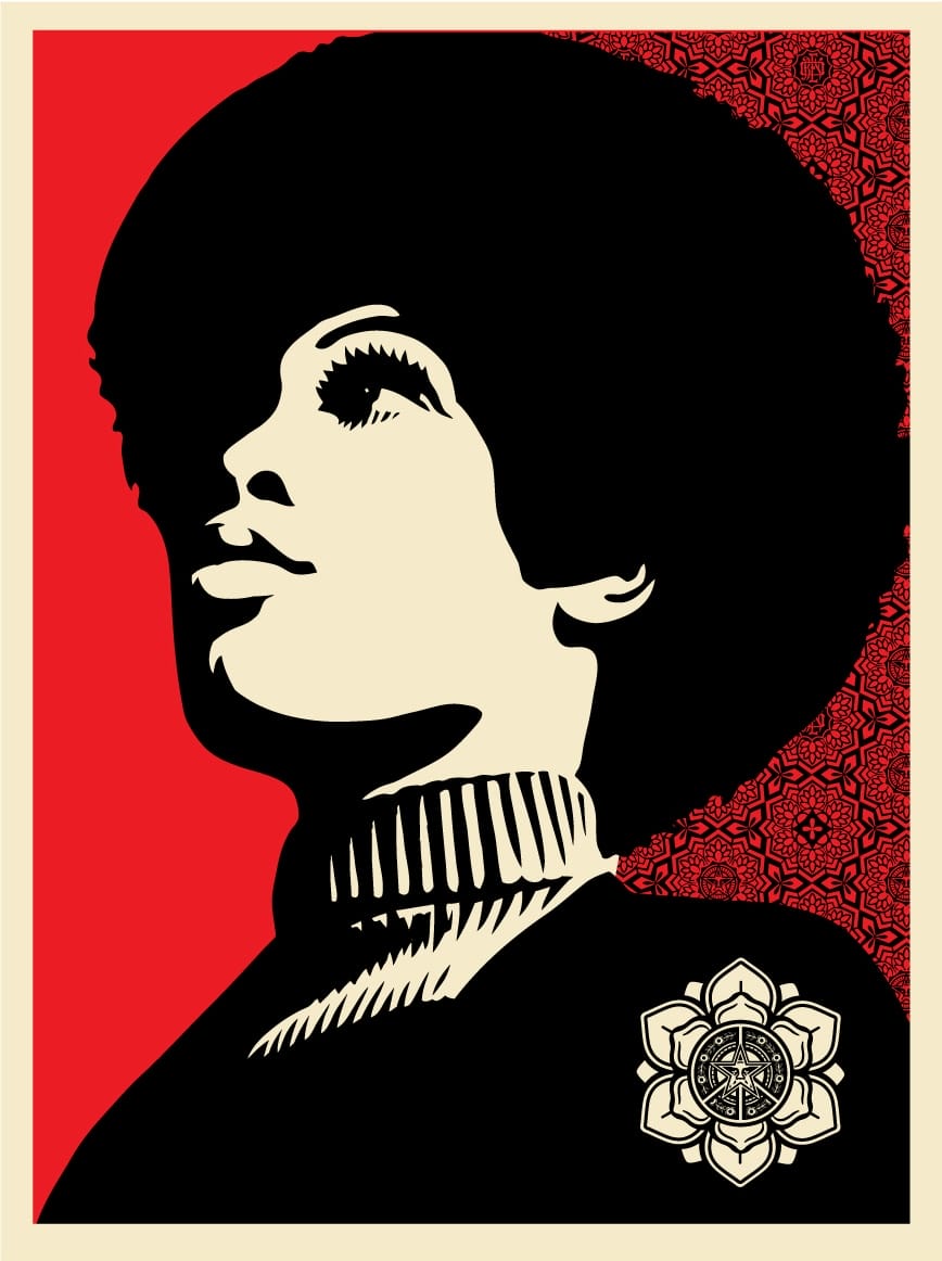 a red, black, and white poster by Shepard Fairey of Angela Davis