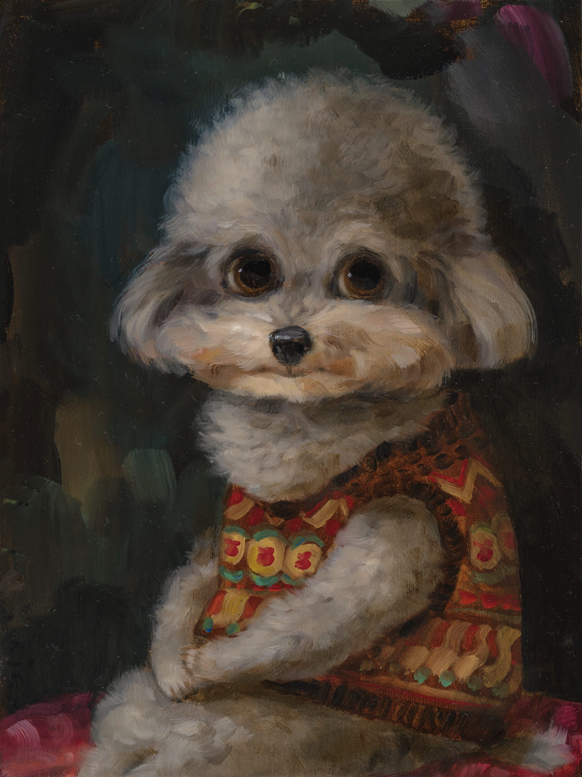 a portrait by Alison Friend of an adorable dog posing with a sweater on