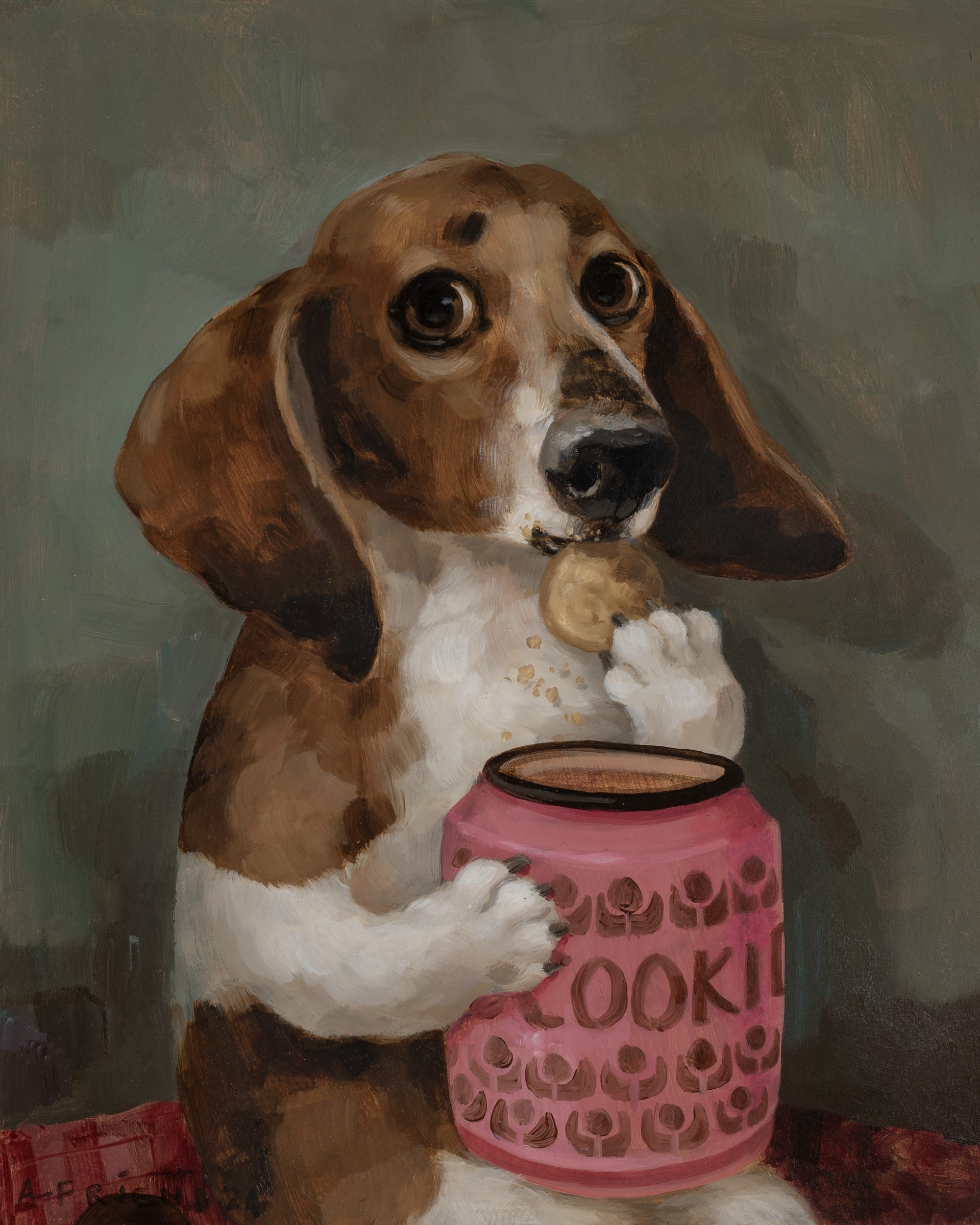 a portrait by Alison Friend of a nervous looking dog eating cookies from a pink jar