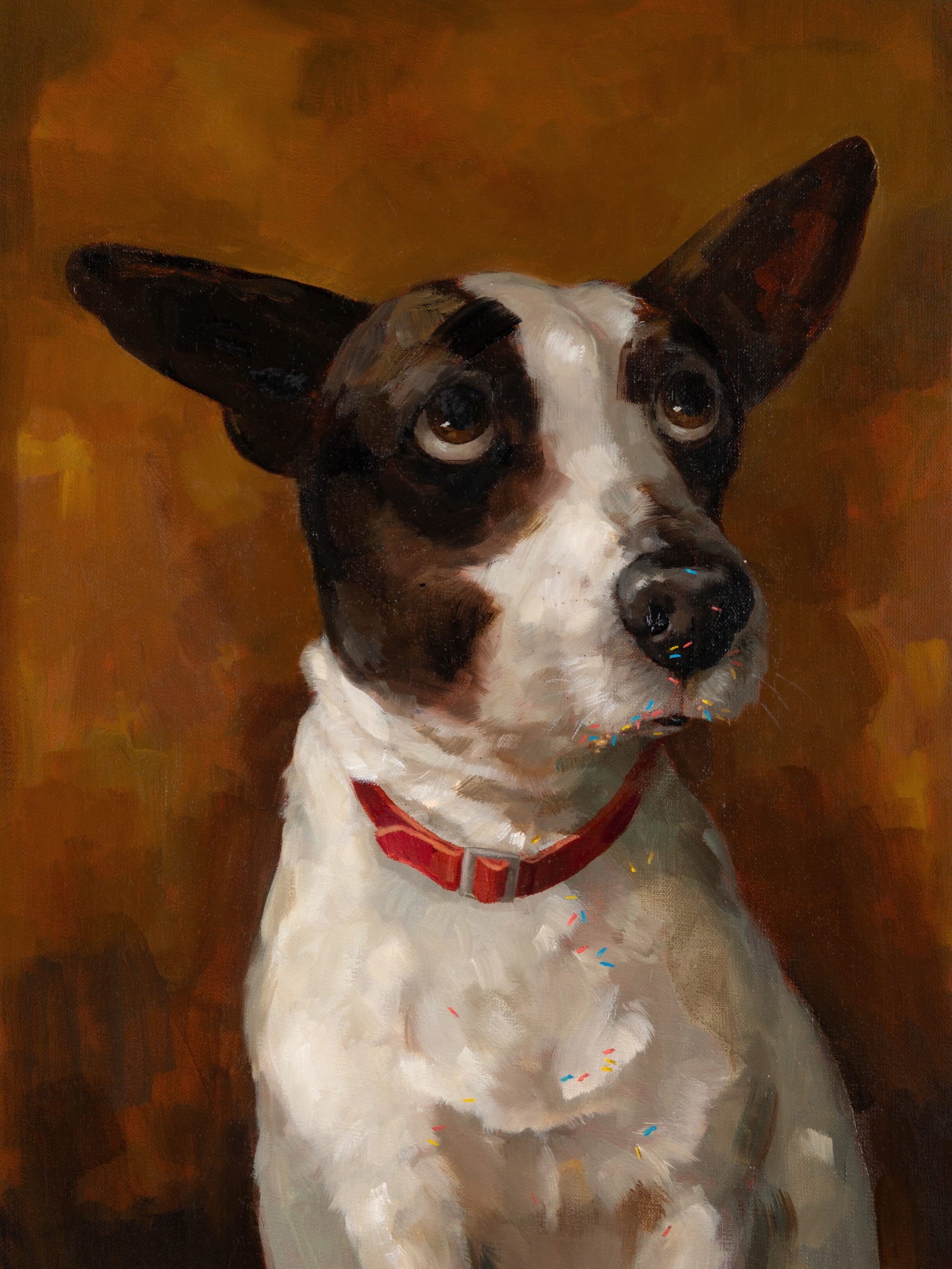 a portrait by Alison Friend of a dog looking up