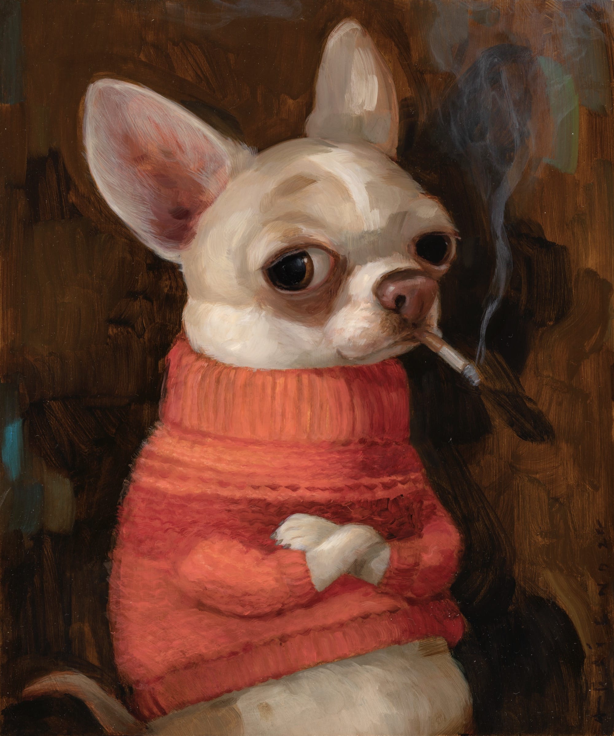 a portrait by Alison Friend of a cool dog wearing a red sweater and smoking a cigarette