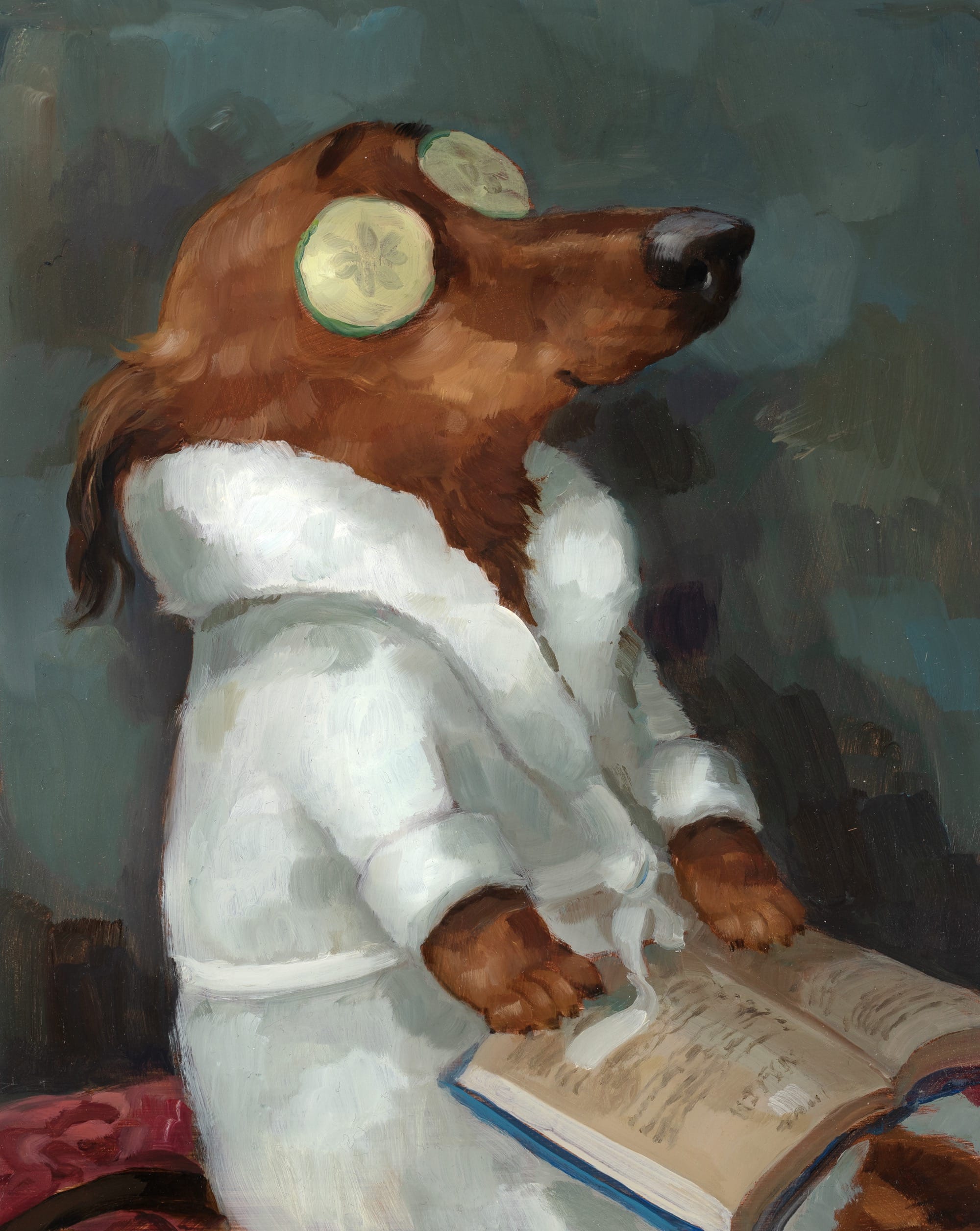 a portrait by Alison Friend of a dog with a robe and cucumbers on its eyes