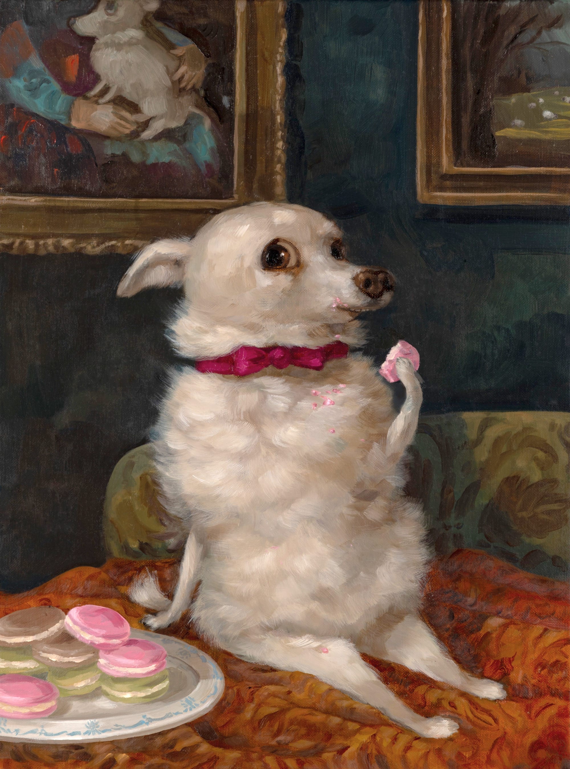 a portrait by Alison Friend of a nervous looking dog eating cookies