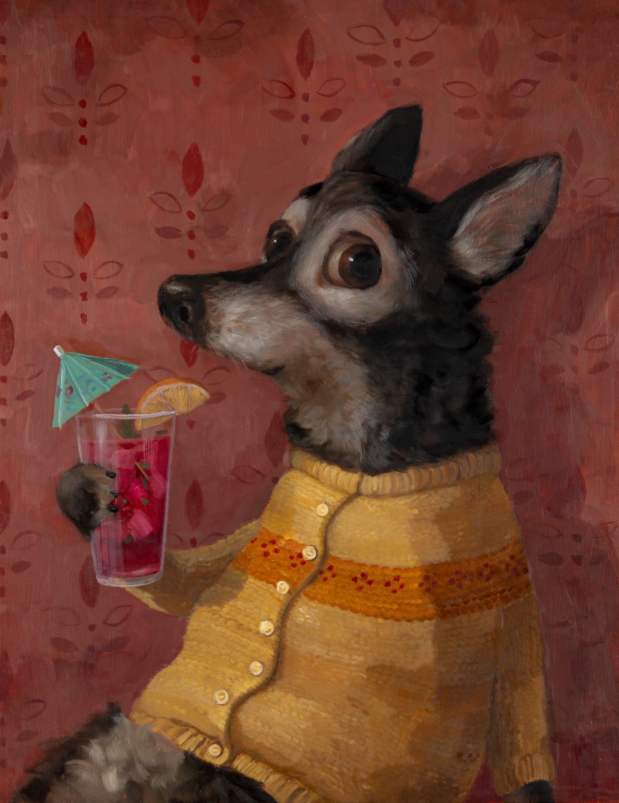 a portrait by Alison Friend of a nervous looking dog sipping a cocktail