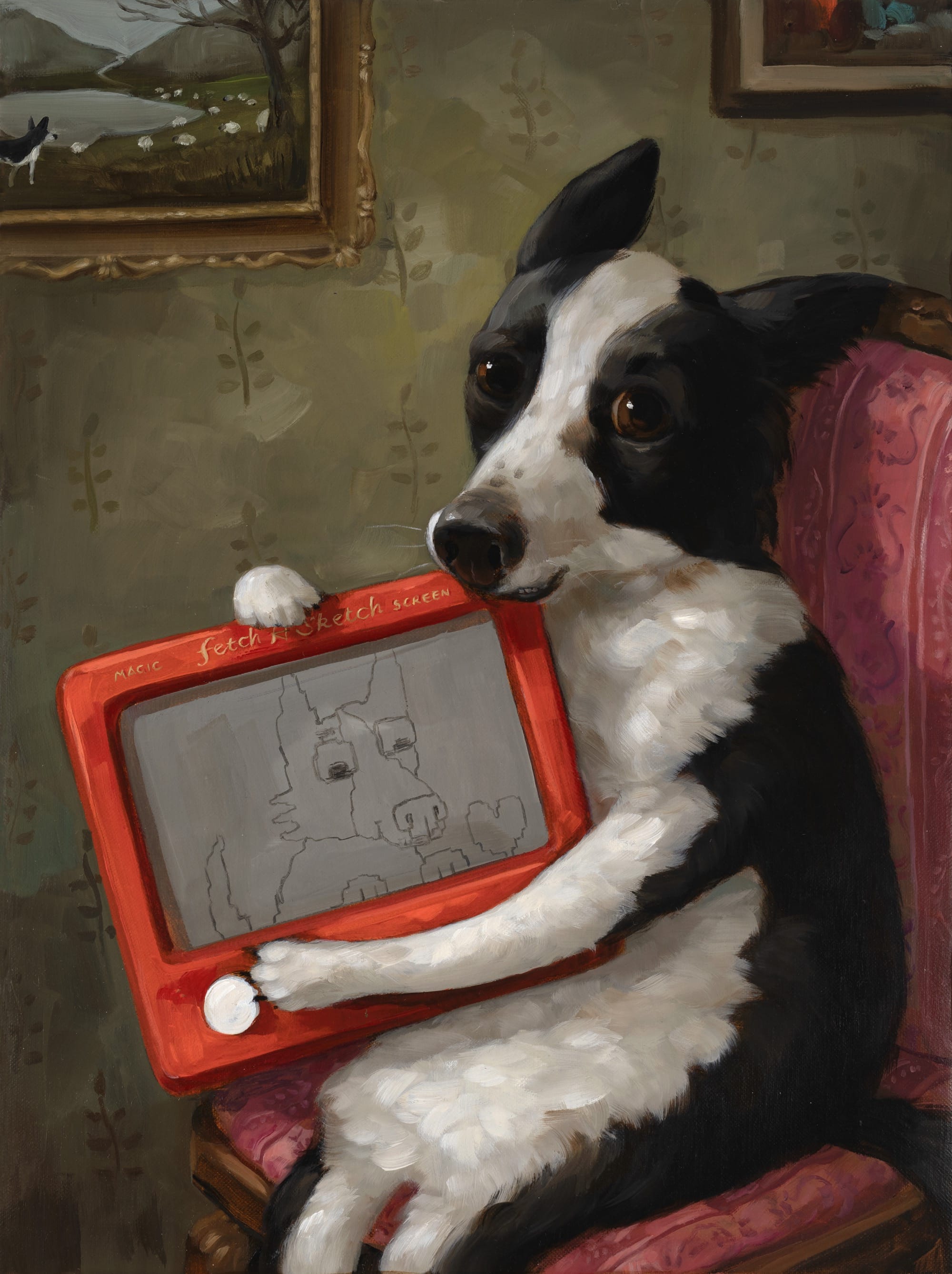 a portrait by Alison Friend of a dog holding an etch a sketch
