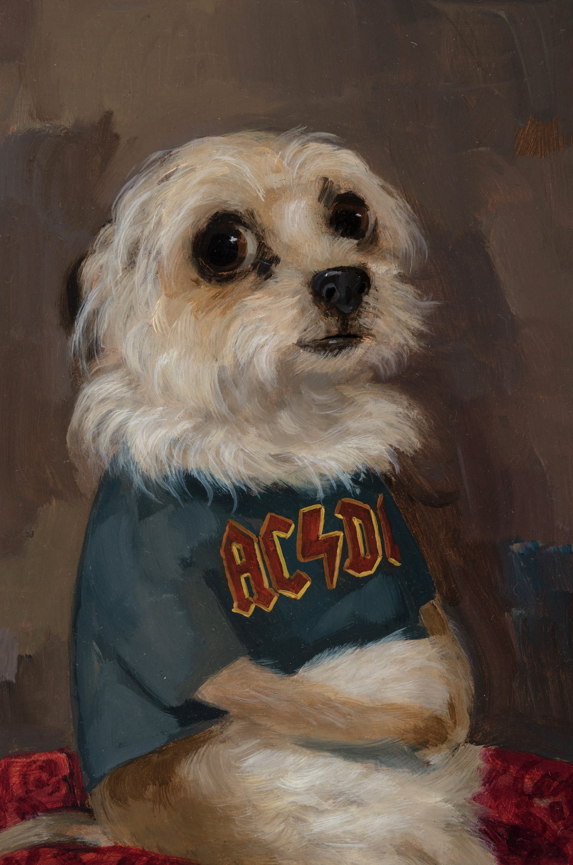 a portrait by Alison Friend of a nervous looking dog wearing an acdc tshirt