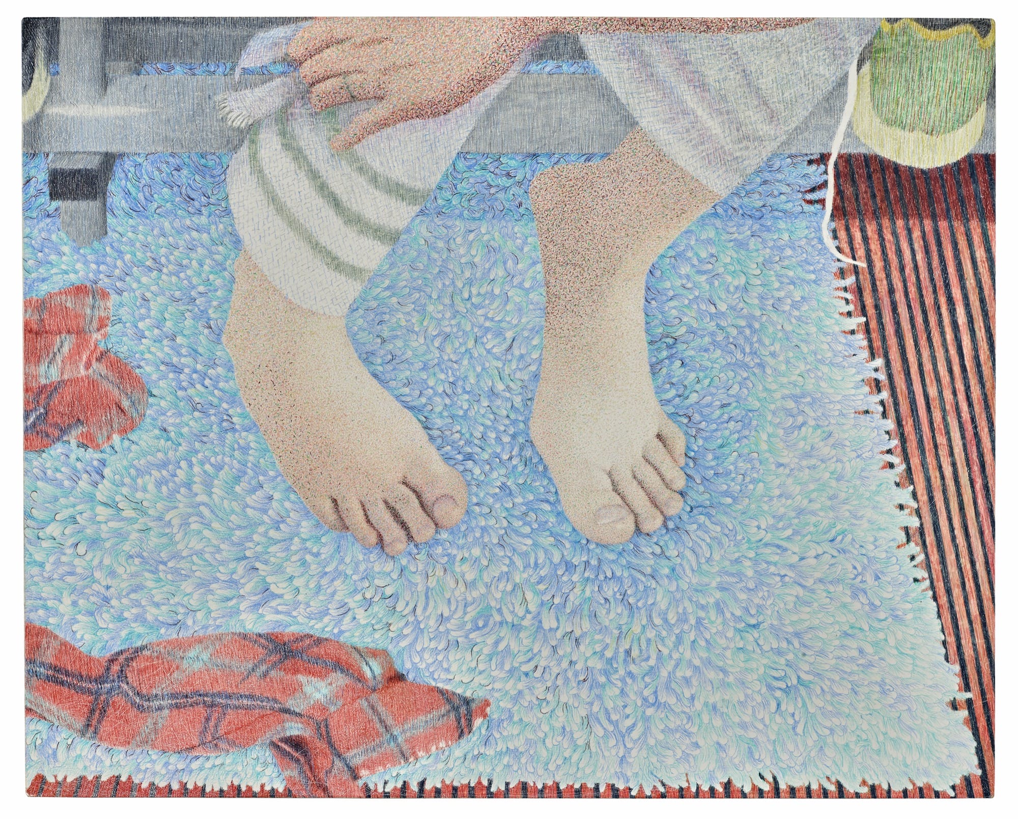 a graphite and colored pencil drawing by Tarka Kings of a person's feet on a blue bath mat