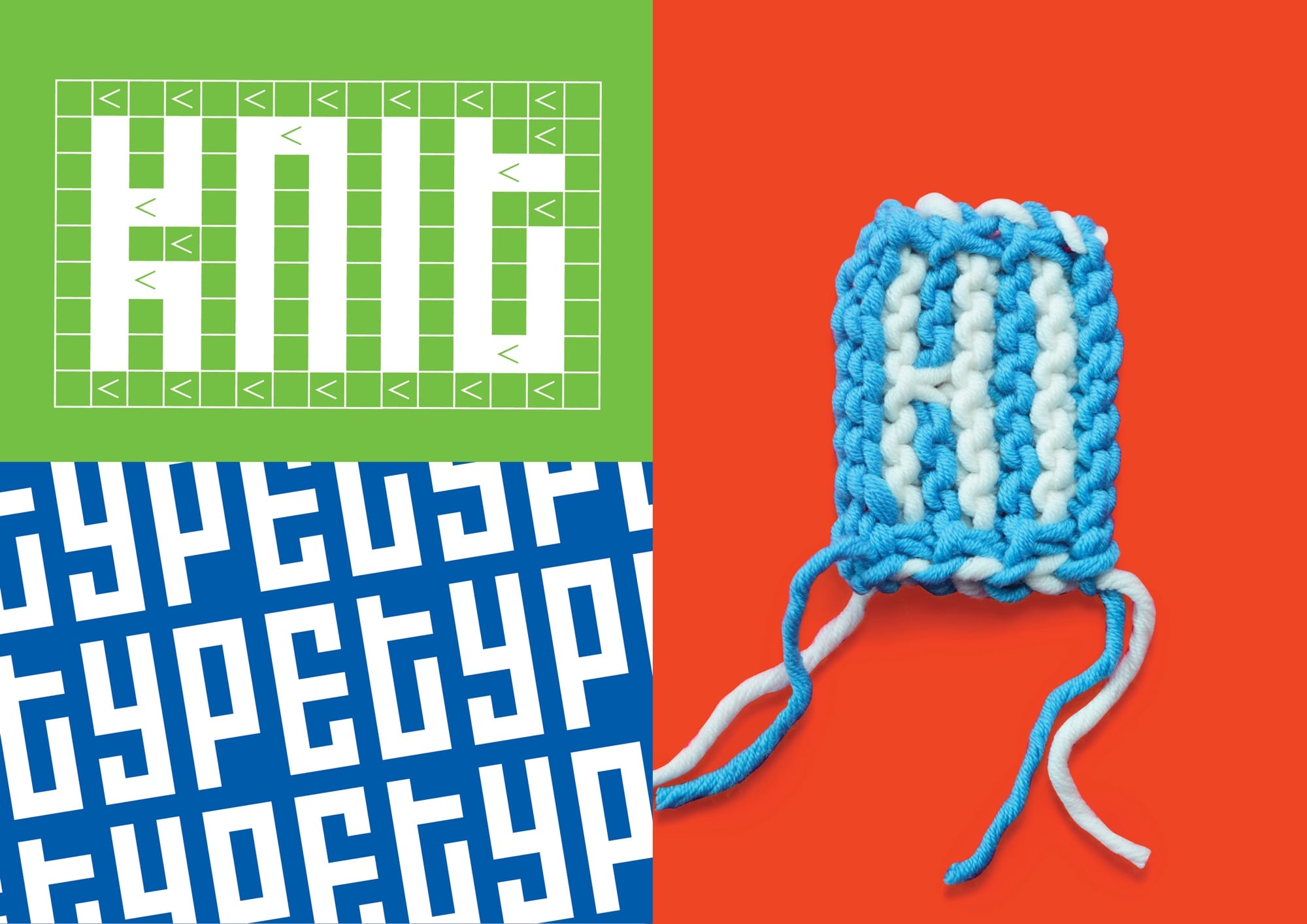 a composite image of a knitted fabric that reads "HI" next to type that reads "KNIT" and "TYPE"