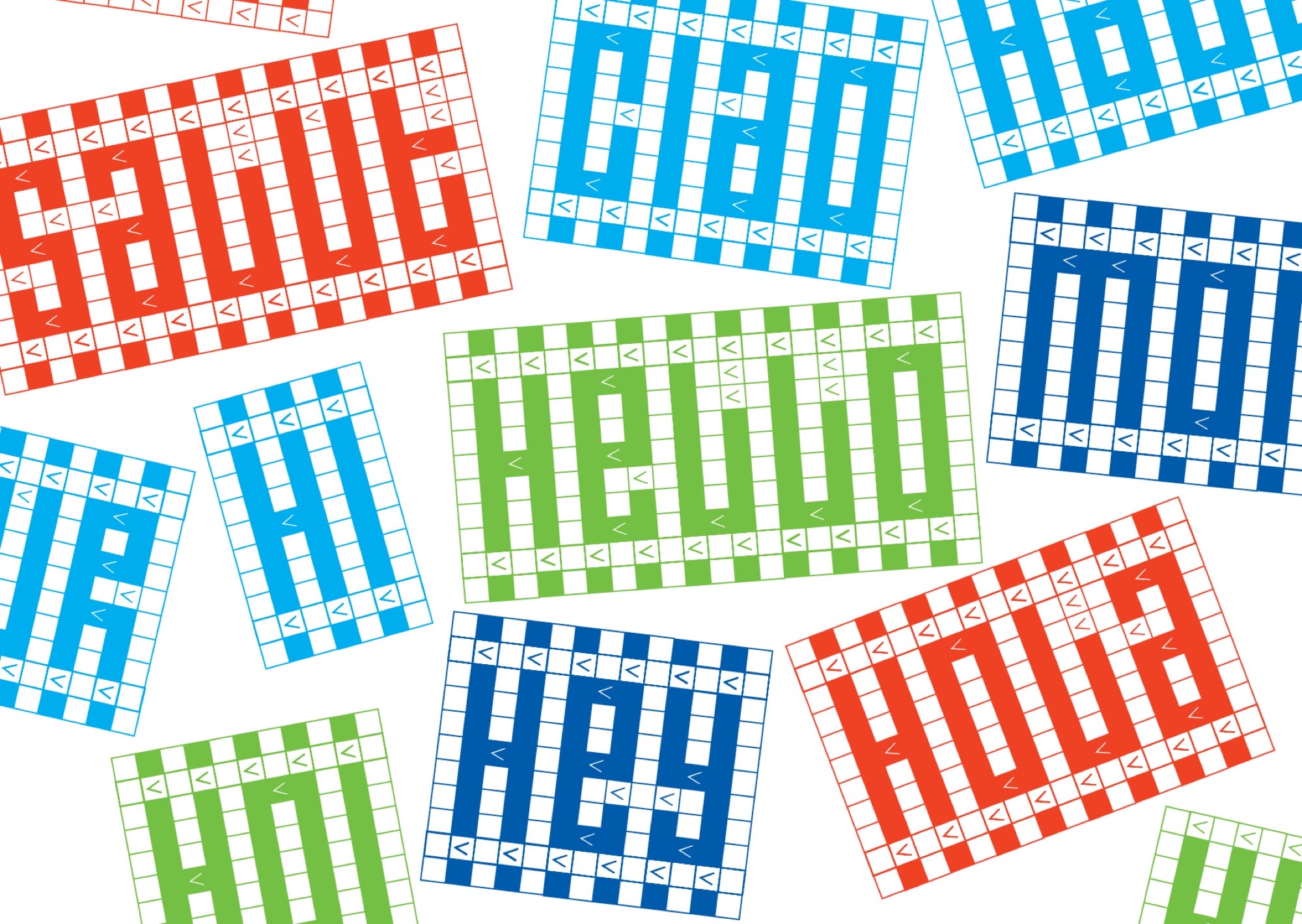 digital typeface examples that read "HEY," "HOLA," "CIAO," "HI" and "SALUT," which double as knitting patterns