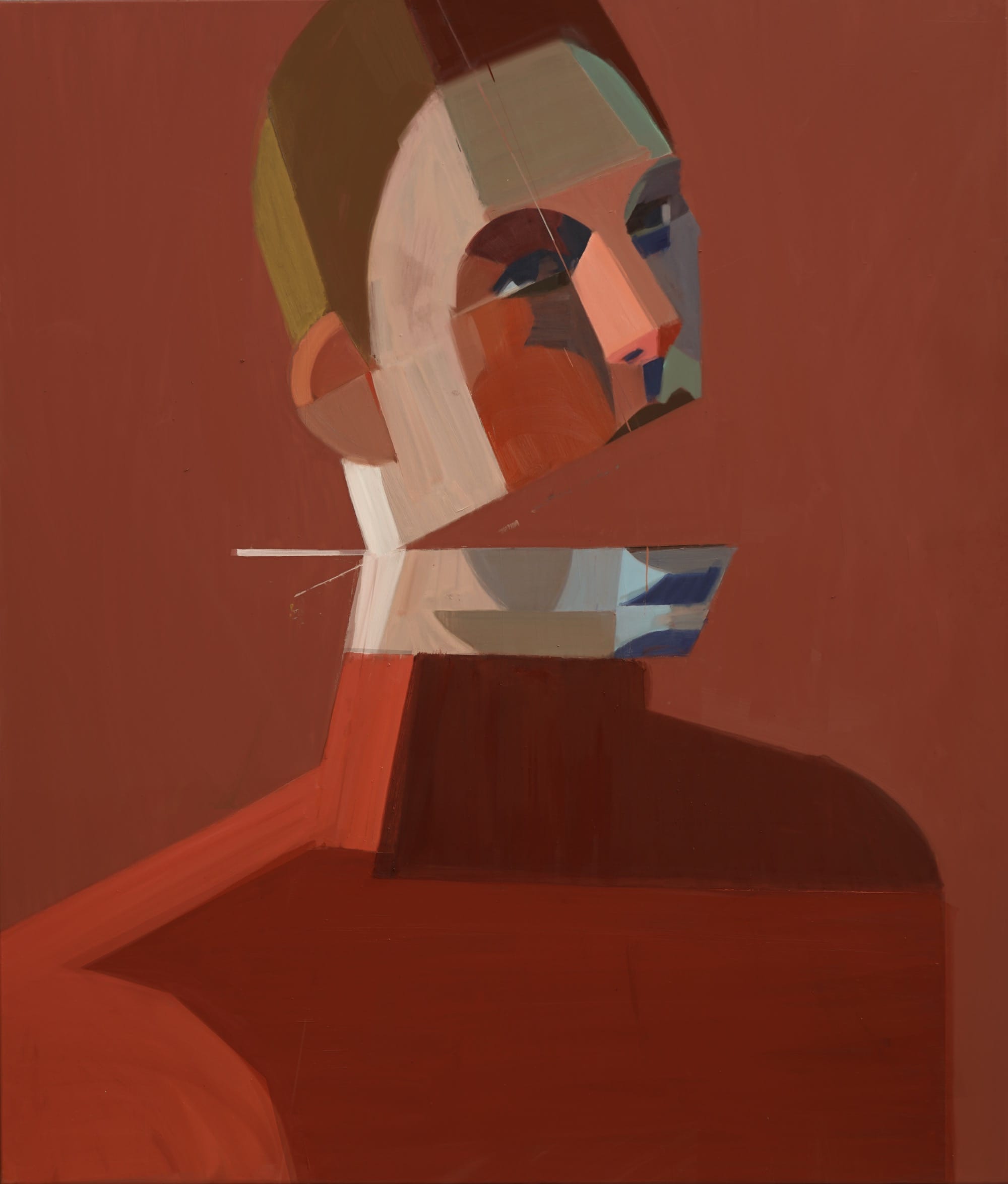 a glitched painted portrait by Kat Kristof on a rust backdrop. the figure's mouth is cut open