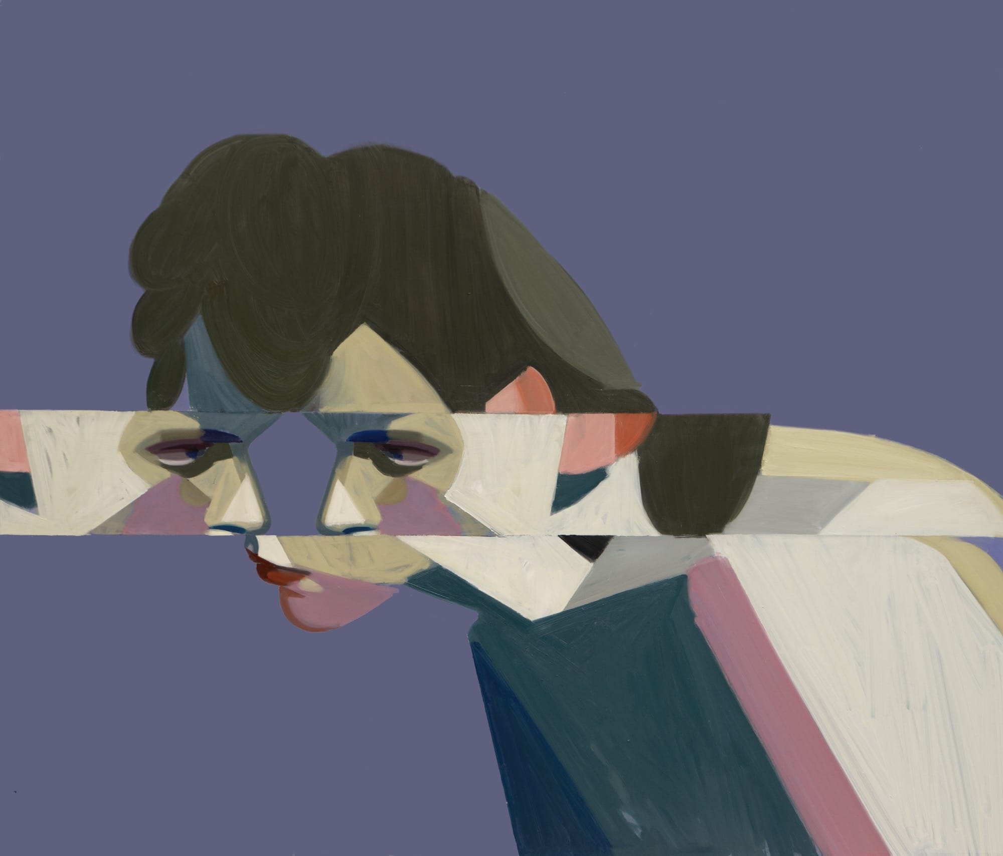 a glitched painted portrait by Kat Kristof on a purple background. the glitch reveals two faces looking at each other in the middle of a singular form