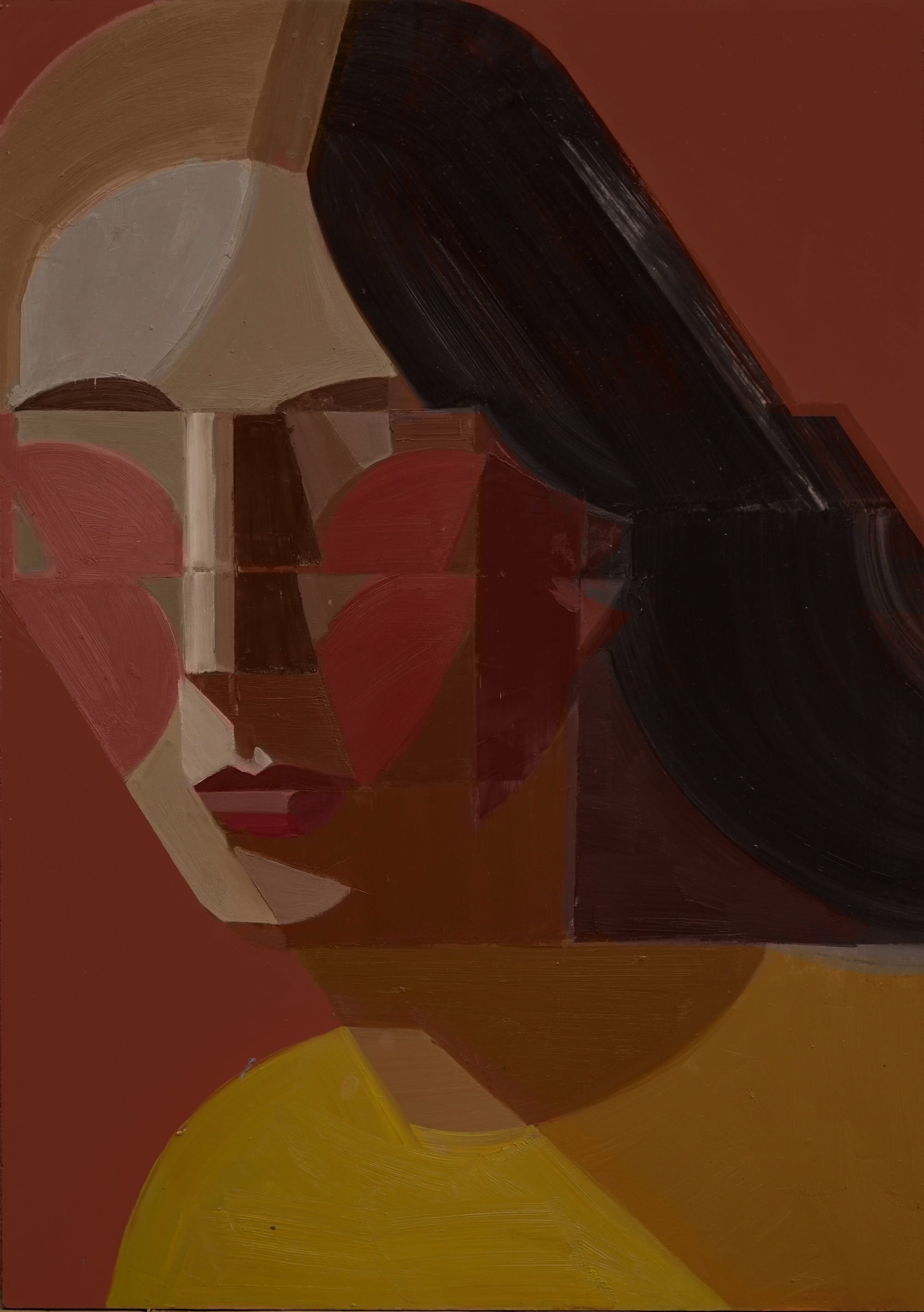 a glitched painted portrait by Kat Kristof on a red background. the woman's cheeks are doubled