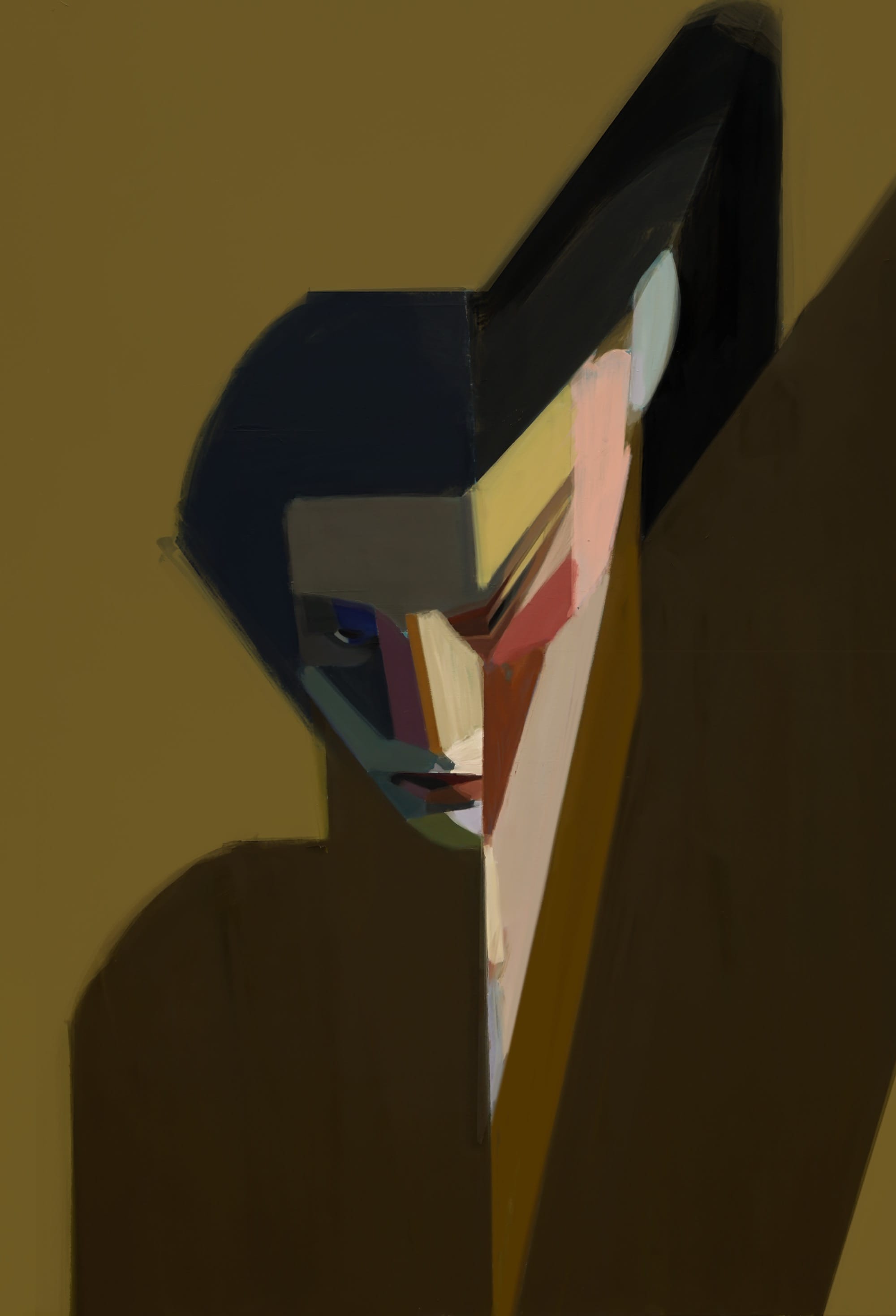 a glitched painted portrait by Kat Kristof on an olive background with the subject's face appearing to glitch upward on the right