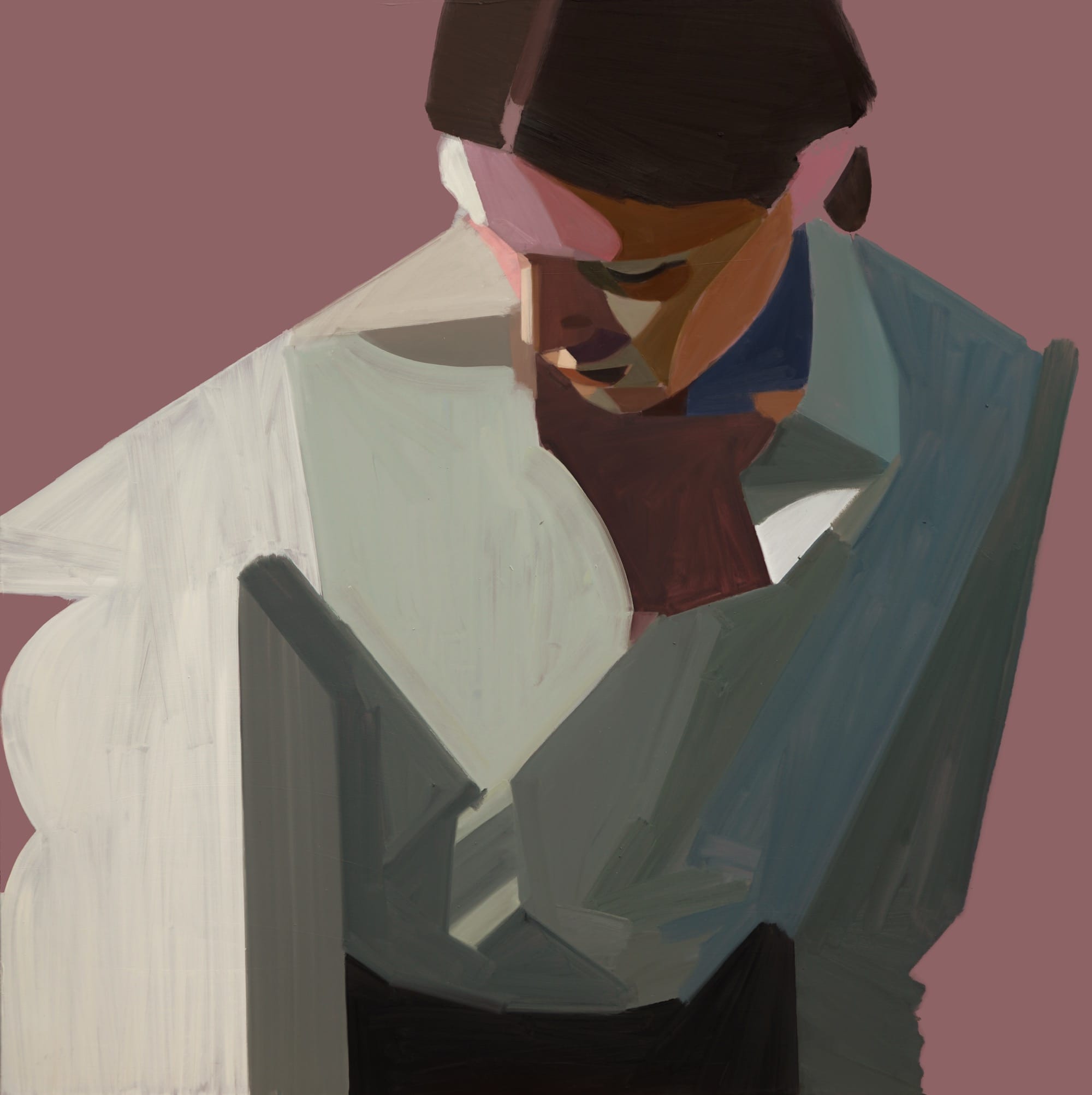 a glitched painted portrait by Kat Kristof on a pink background with a woman in white in fragments