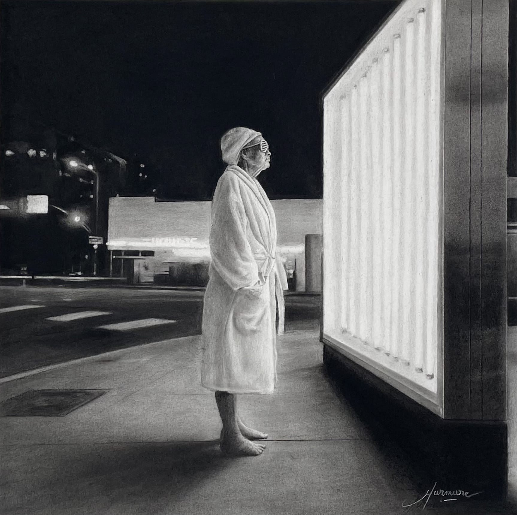 a piece by Murmure of a woman standing in front of a UV screen