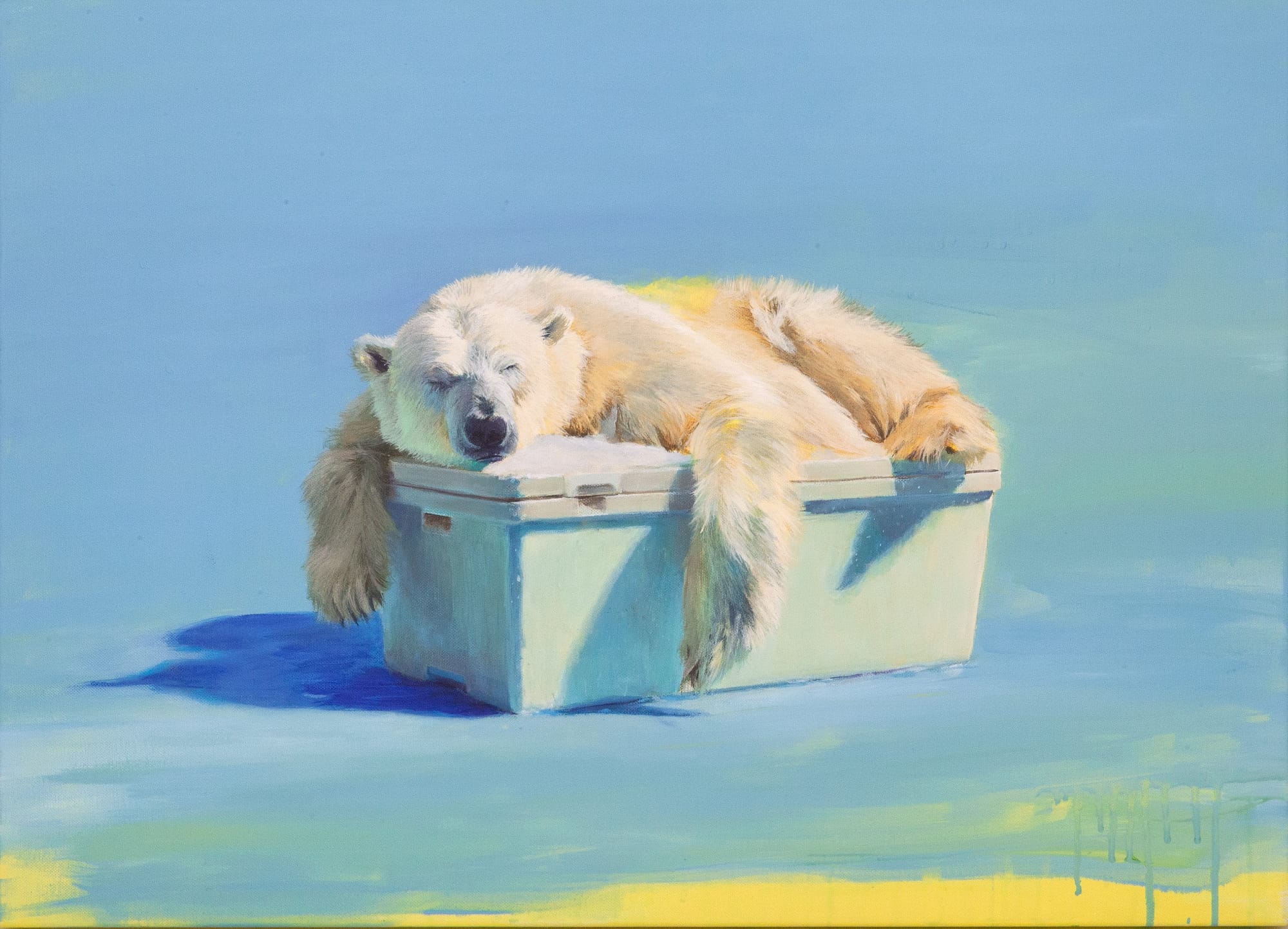 a painting by Murmure of a polar bear sleeping on a cooler