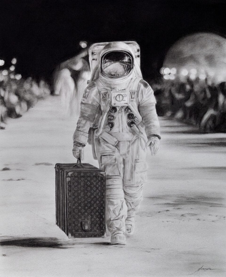 an astronaut carrying a louis vuitton case in a piece by Murmure