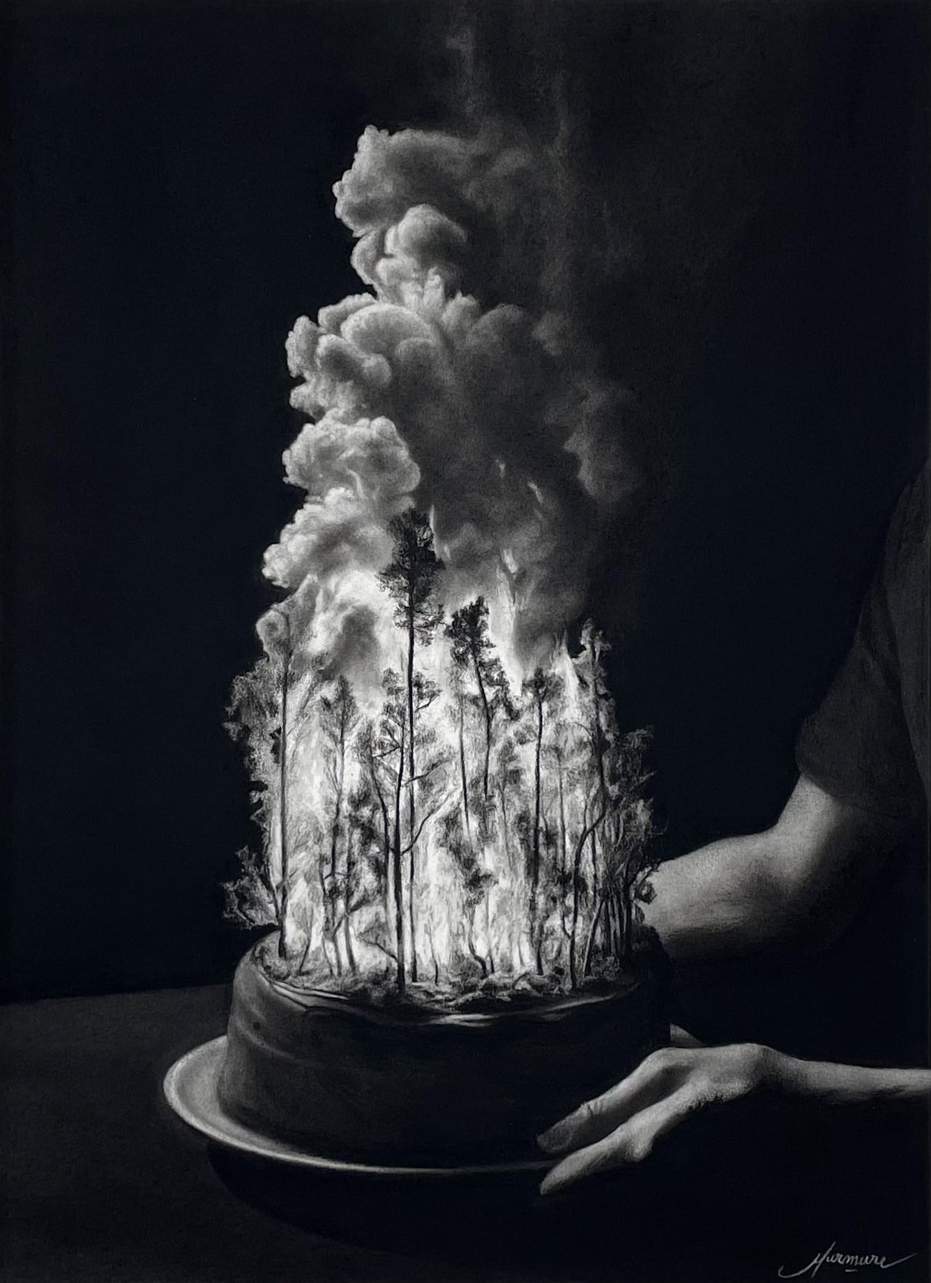 a piece by Murmure of a cake with a forest in flames