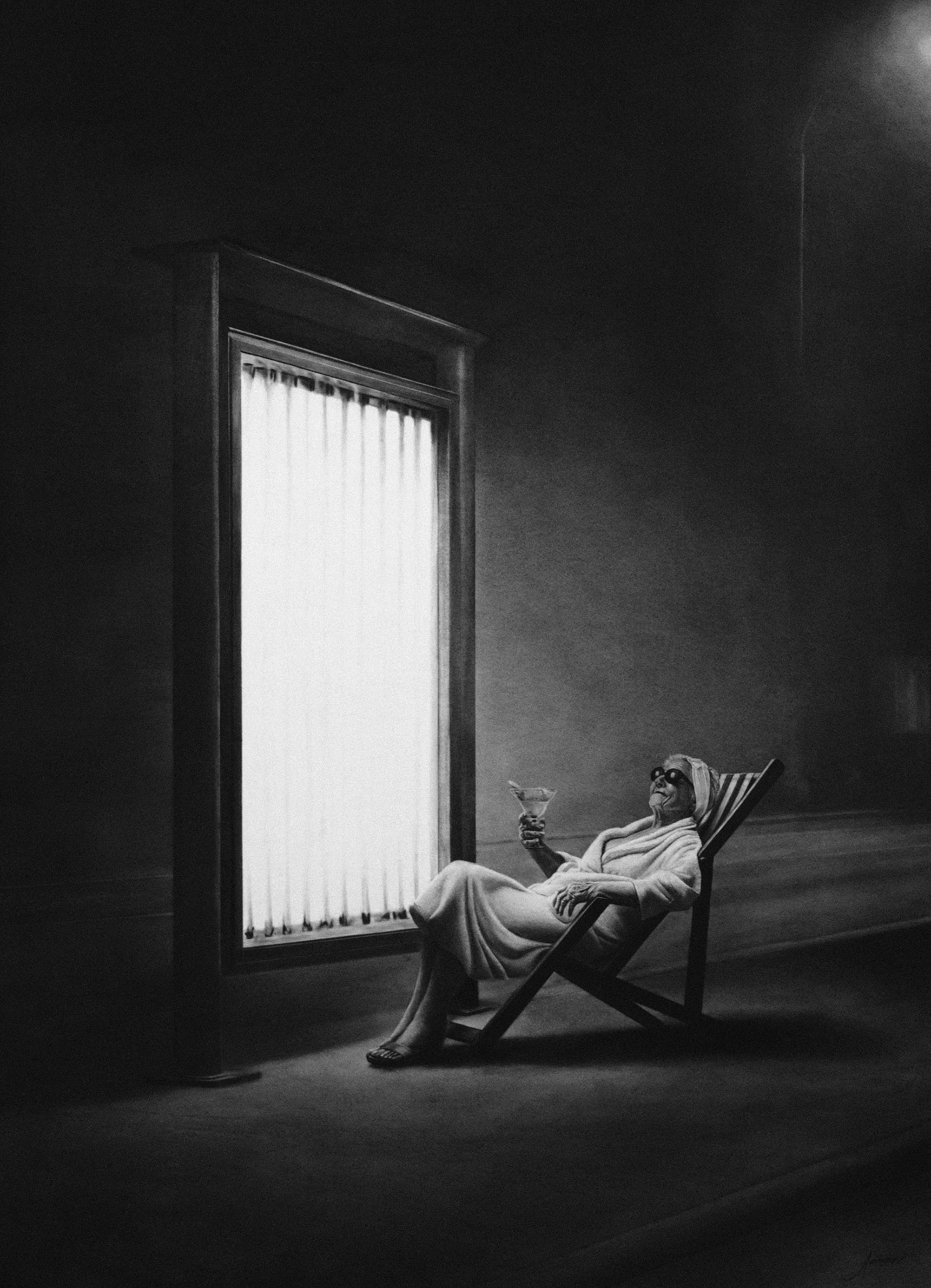 a woman relaxes in front of a UV screen with a martini in a piece by Murmure