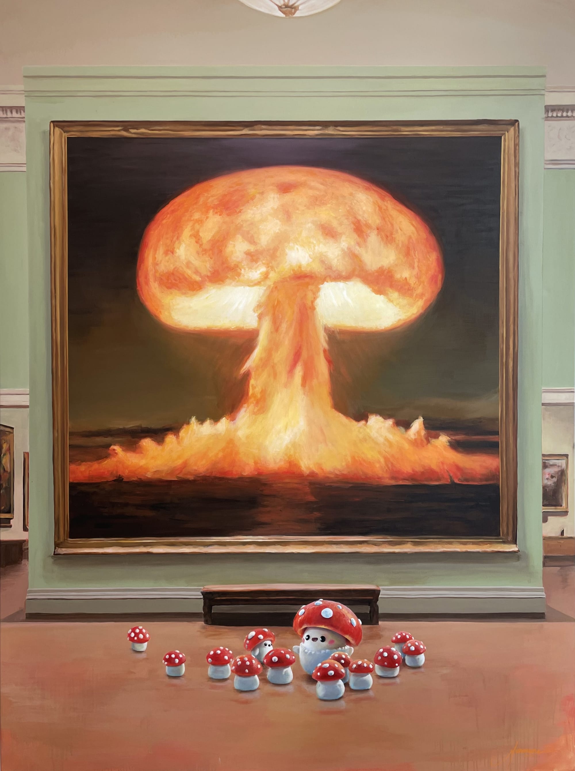 cartoonish mushrooms stand beneath a painting of a mushroom-shaped explosion by Murmure