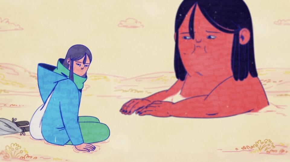 a still from an animated film of a young woman seated in the foreground of a huge figure, stuck in the ground, who sits pensively behind her