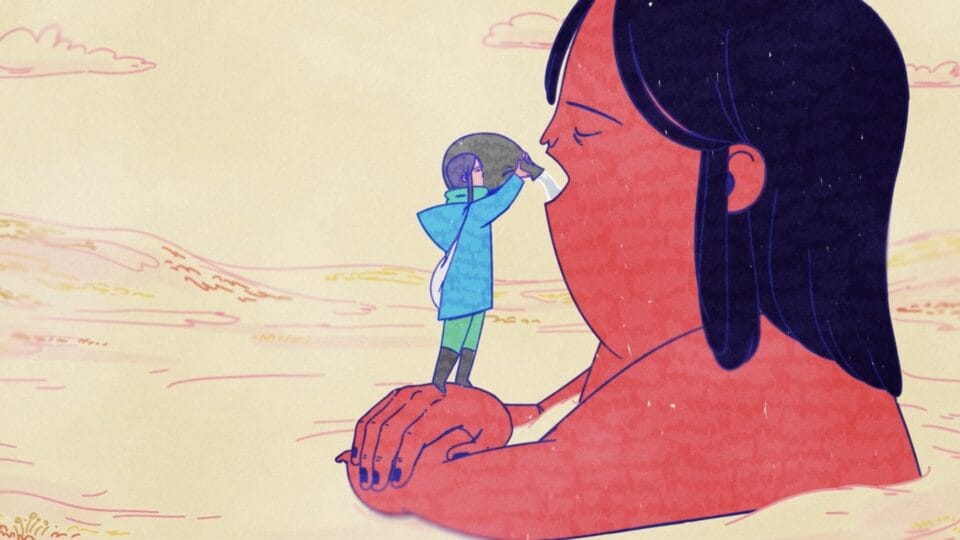 a still from an animated film of a young woman giving a huge figure, stuck in the ground, a drink of water from a sack