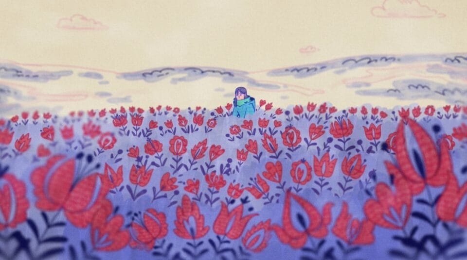 a still from an animated film of a young woman seated amid a field of colorful flowers shaped like hearts
