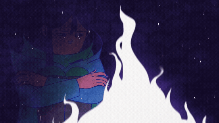 a gif from a short animated film of a young woman seated by a bright fire