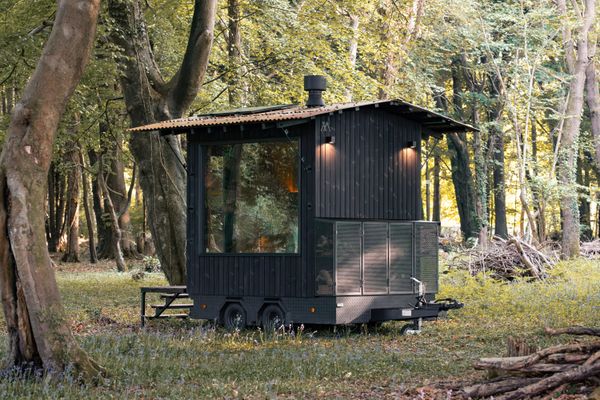 U.K. design-build studio Out of the Valley made a prefabricated sauna that can be set up in off-grid sites.