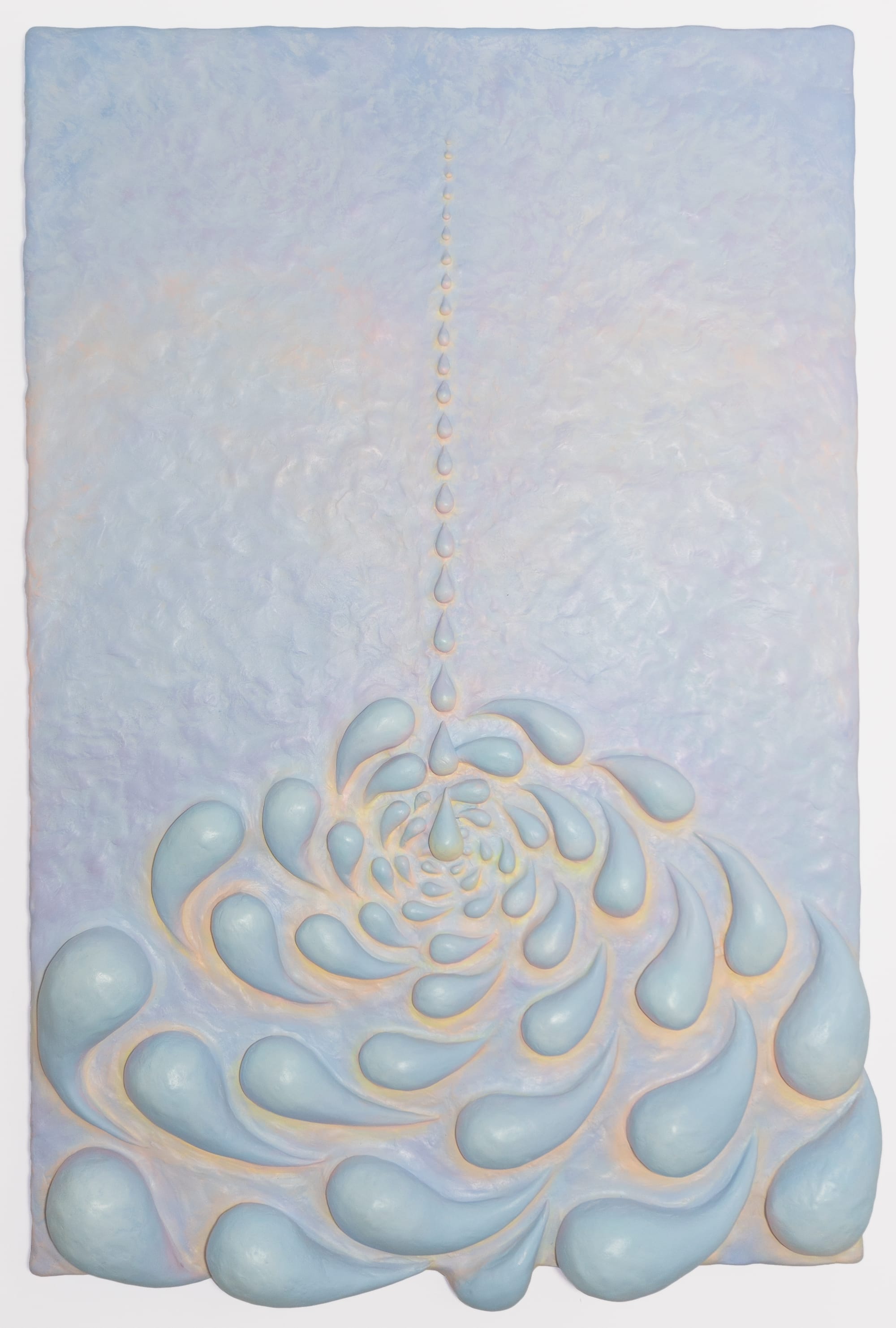 a light blue sculptural relief by Yen Yen Chu of a straight drizzle of water droplets into a larger swirling pool