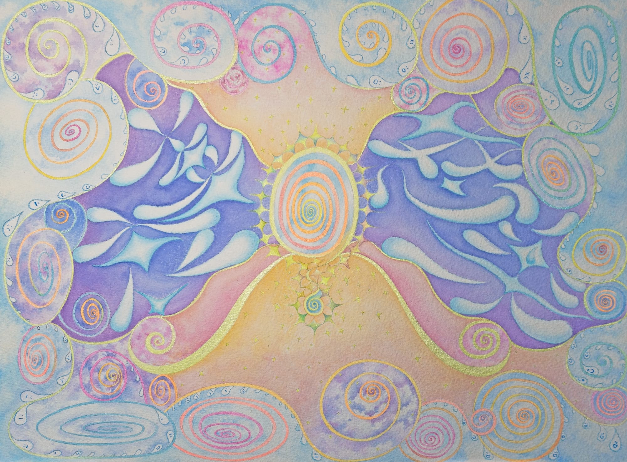 an abstract piece by Yen Yen Chu of two forms radiating outward with circular pieces surrounding