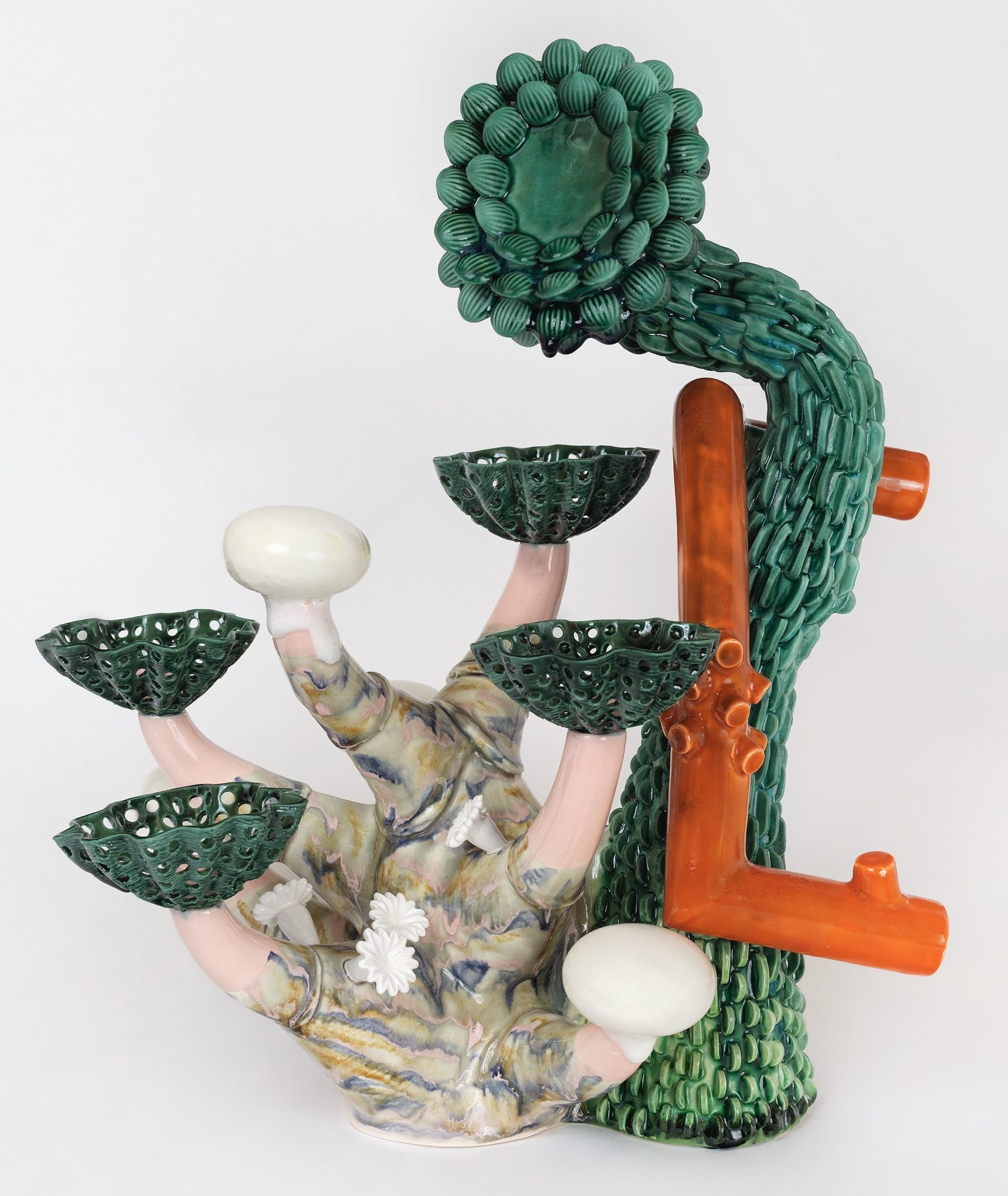 a ceramic sculpture by Megan Bogonovich resembling an abstract, otherworldly plant or flower