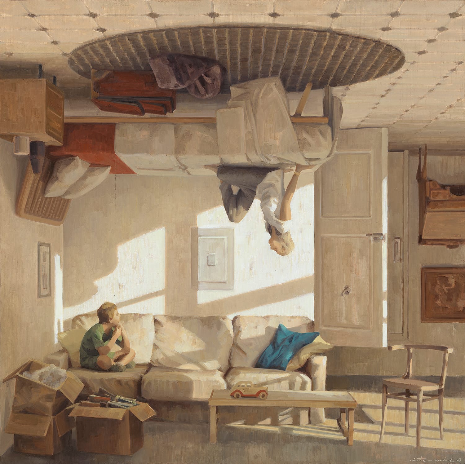 a surreal painting by Cinta Vidal of the interior of a home in which furnishings and scenes take place both on the floor and upside-down on the ceiling
