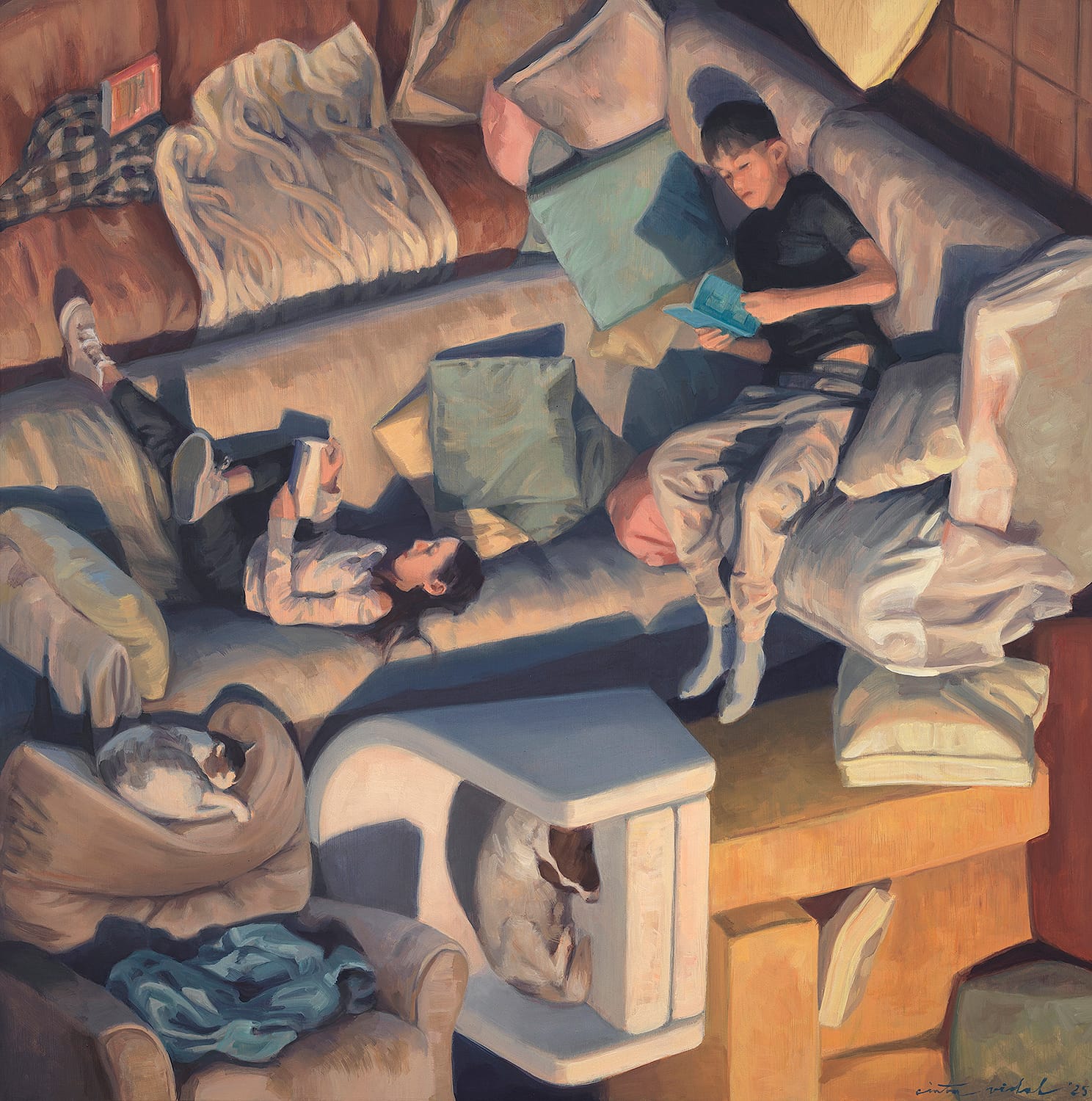 a surreal painting by Cinta Vidal of people laying on couches and chairs that are all next to each other at different angles and perspectives