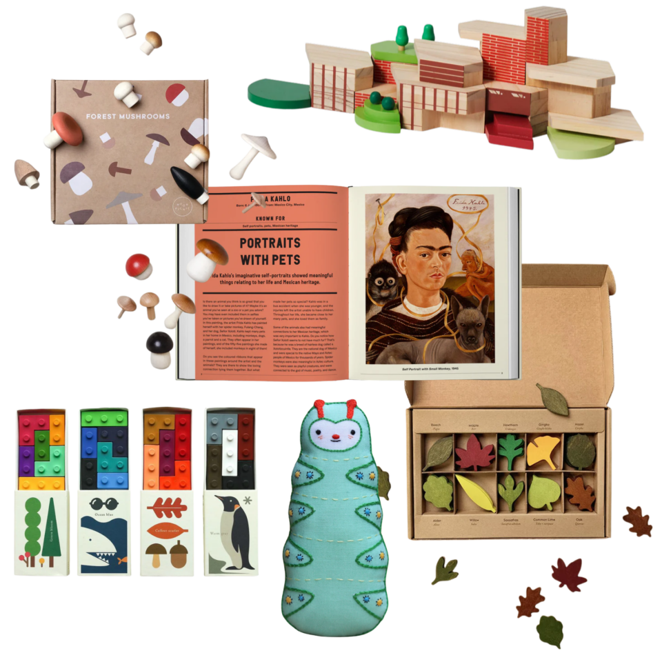 a collage of childrens toys and an opened book